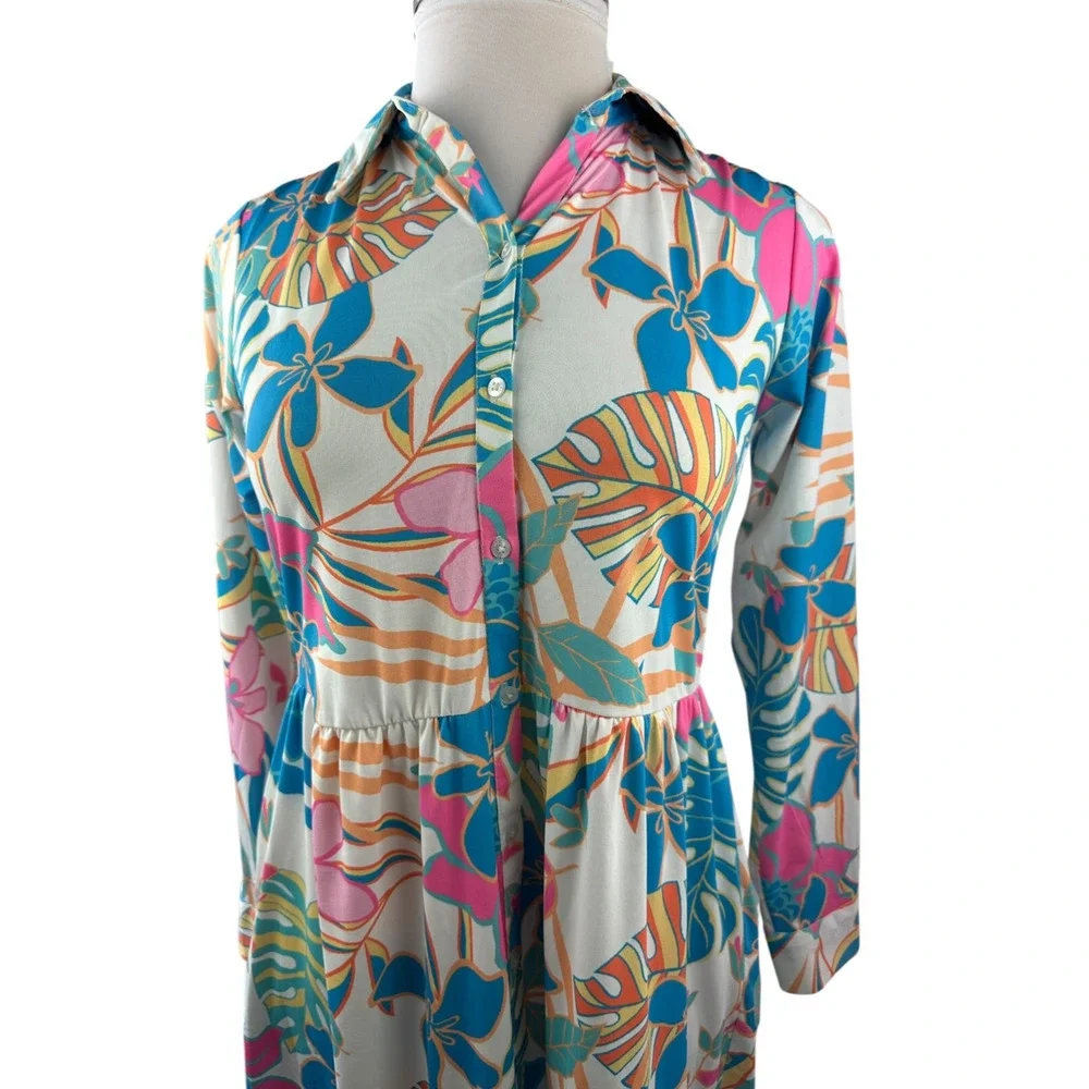 Tolani Long Sleeve Collared Maxi Dress W/ Pockets Tropical Print XS Oversized - Picture 4 of 14